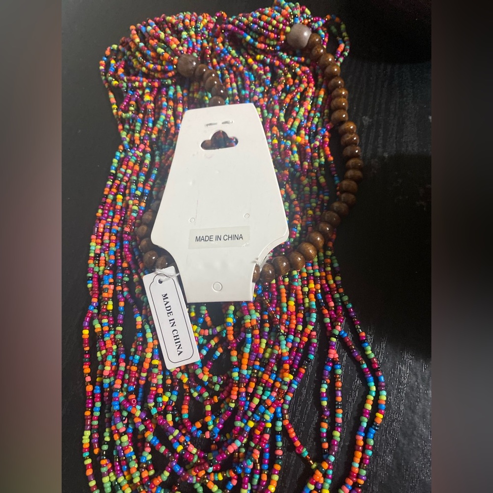 NWT 2 wooden necklaces & 1 earring-Multi colored Bead Necklace & dark brown-